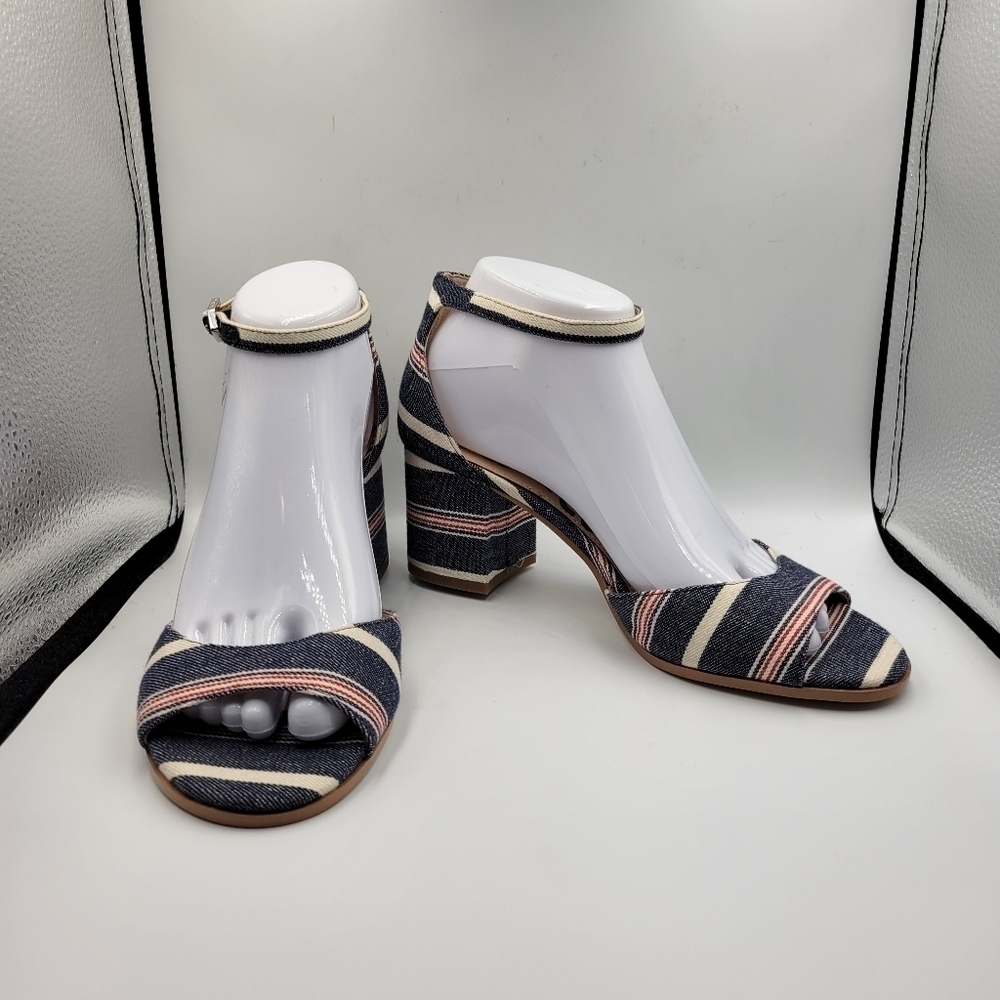 Sam Edelman Susie Striped Denim Ankle Strap Sandal Block Heel Sz 7.5